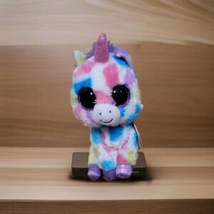 “Ty Beanie Boos Wishful Unicorn Plush 6” Rainbow Tie-Dye Big Eyes Stuffed Animal